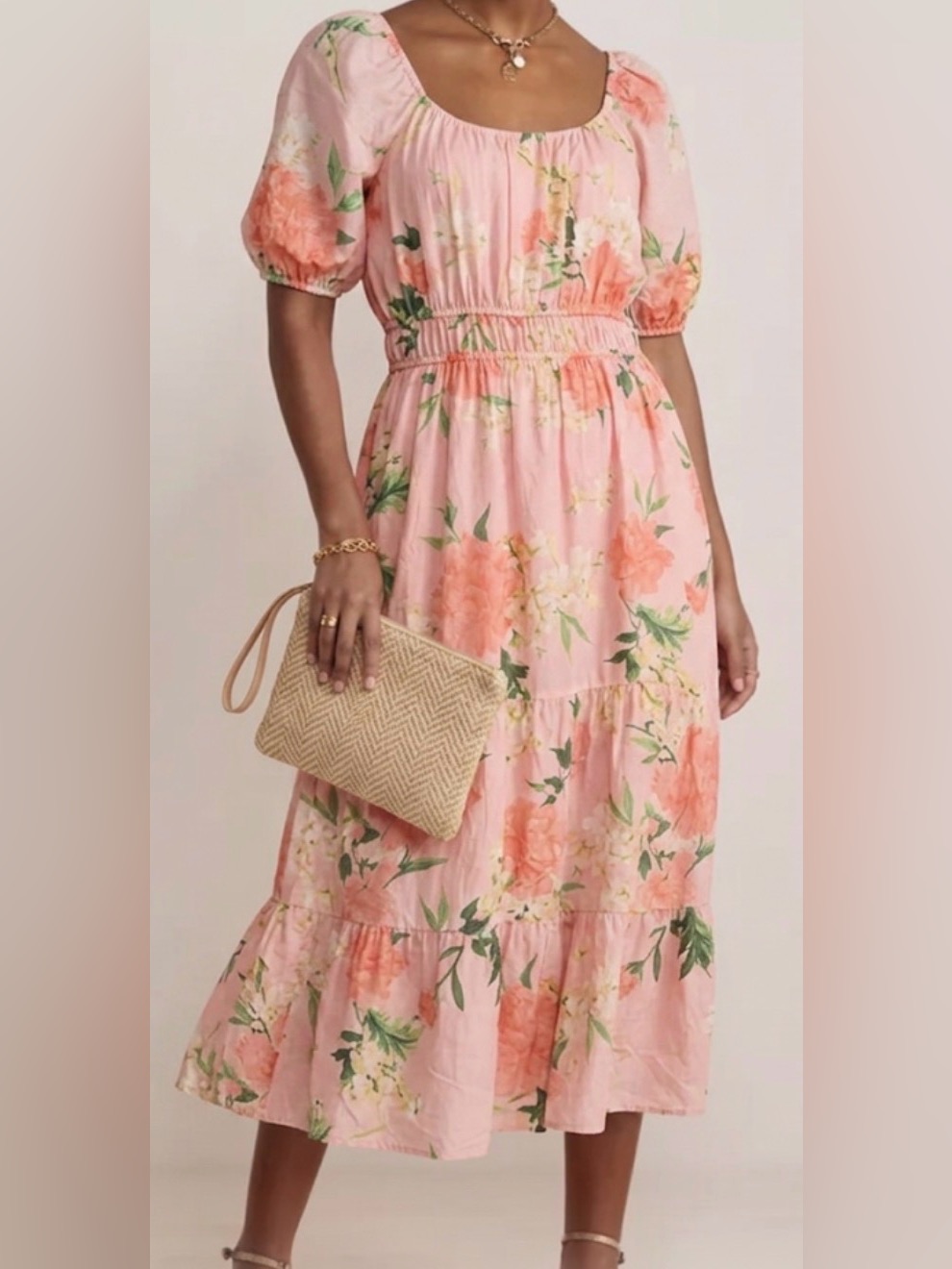 Vineyard Vines Pink Floral Cotton Silk Blend Tiered Puffed Sleeve Maxi Dress Xs